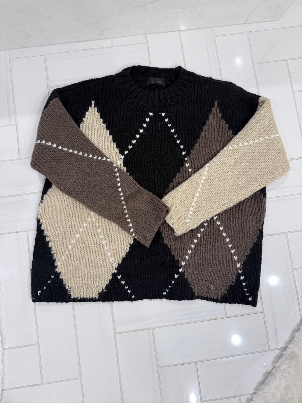 Zara Black Argyle Crewneck Sweater with Brown & Cream